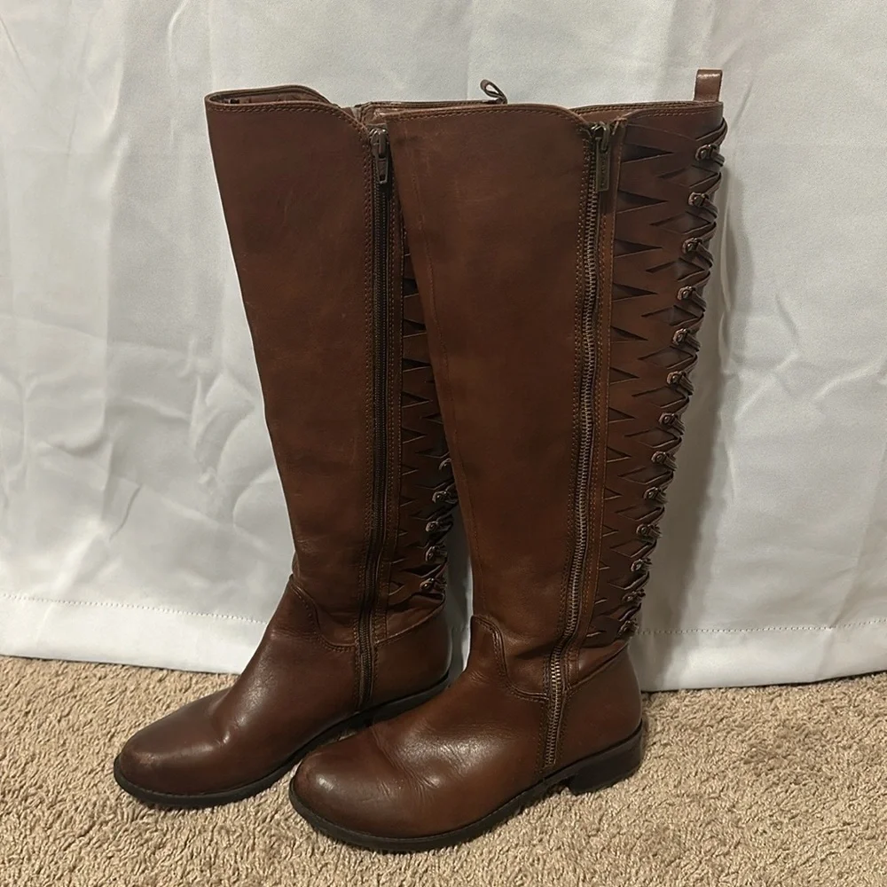Gianni Bini Picard Lattice Back Brown Knee High Boots Size 6.5M